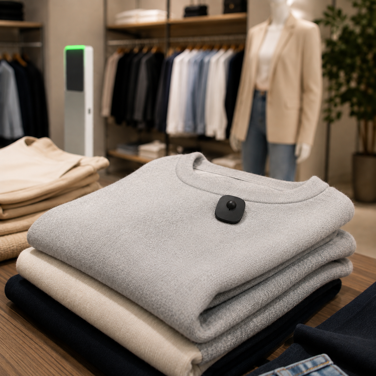 INEO Mini Rectangular Tag RF 8.2 MHz applied to folded apparel in a retail store