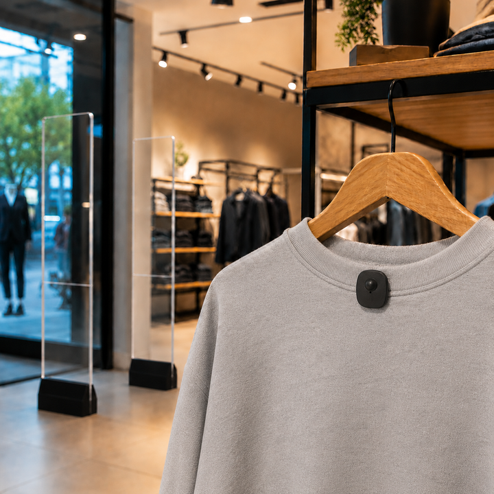 INEO Mini Rectangular Tag RF 8.2 MHz applied to a sweatshirt in a modern retail store