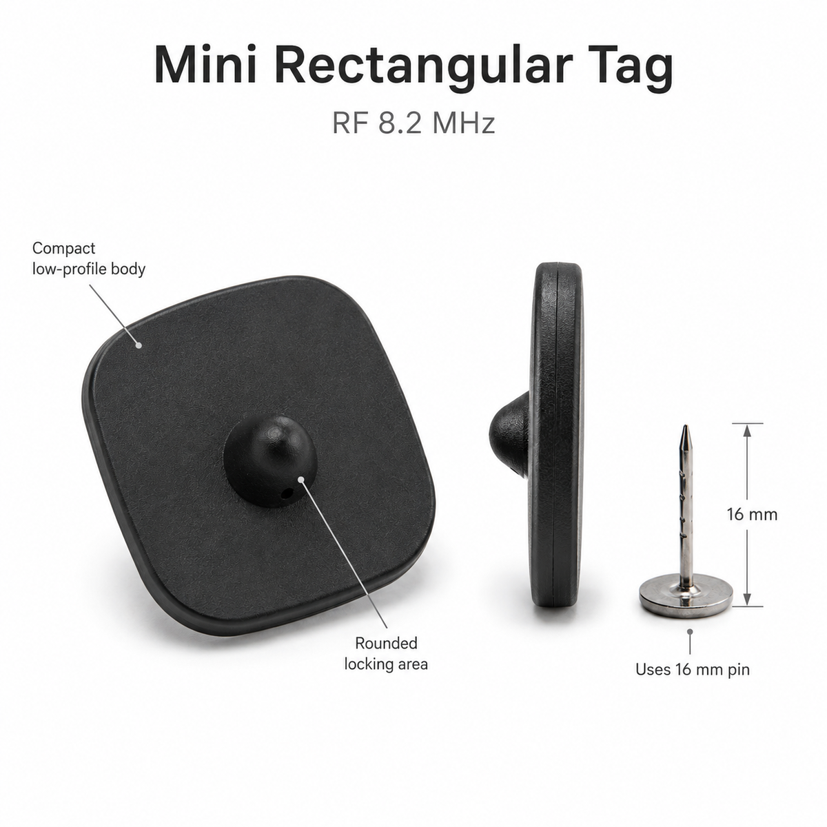 INEO Mini Rectangular Tag RF 8.2 MHz size and scale graphic with 16 mm pin