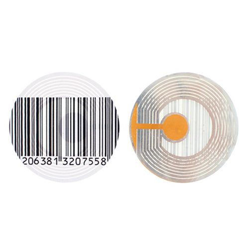 40mm round Security Label used by retailers to protect merchandise from shoplifting and theft. has fake barcode on it and has circuit to generate 8.2MHz RF signal for EAS equipment
