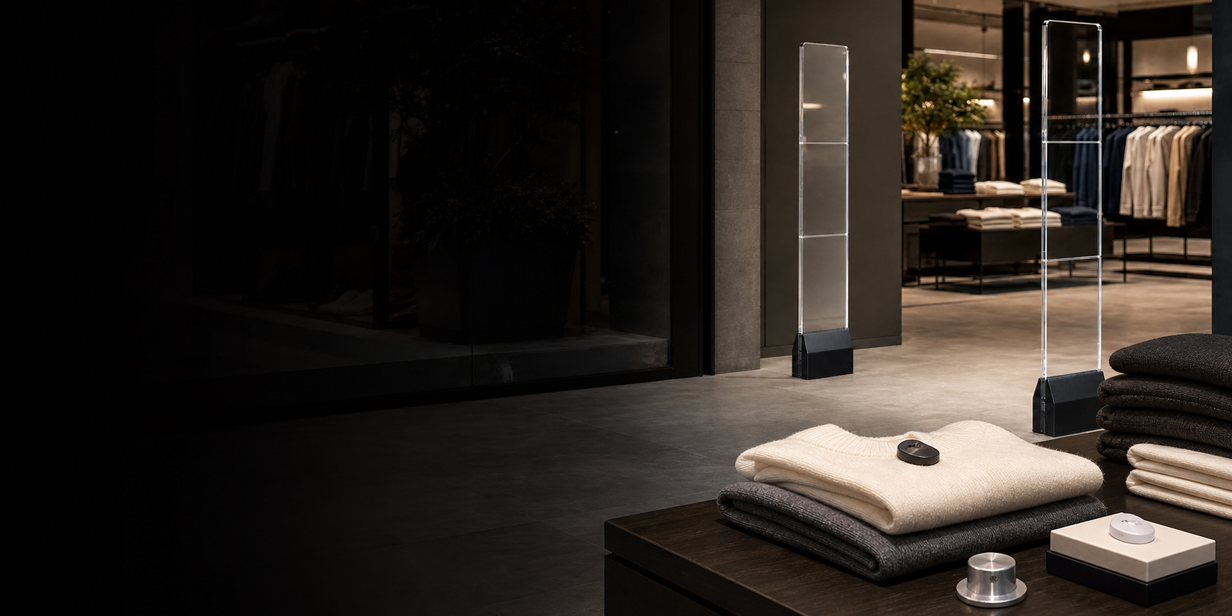 Tagged retail merchandise with INEO Clarity security systems protecting the store entrance